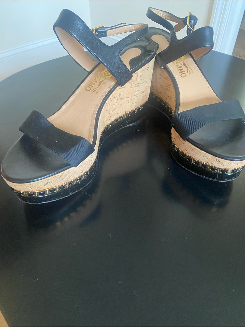 Salvatore Ferragamo Black Leather and Cork Platform Wedges